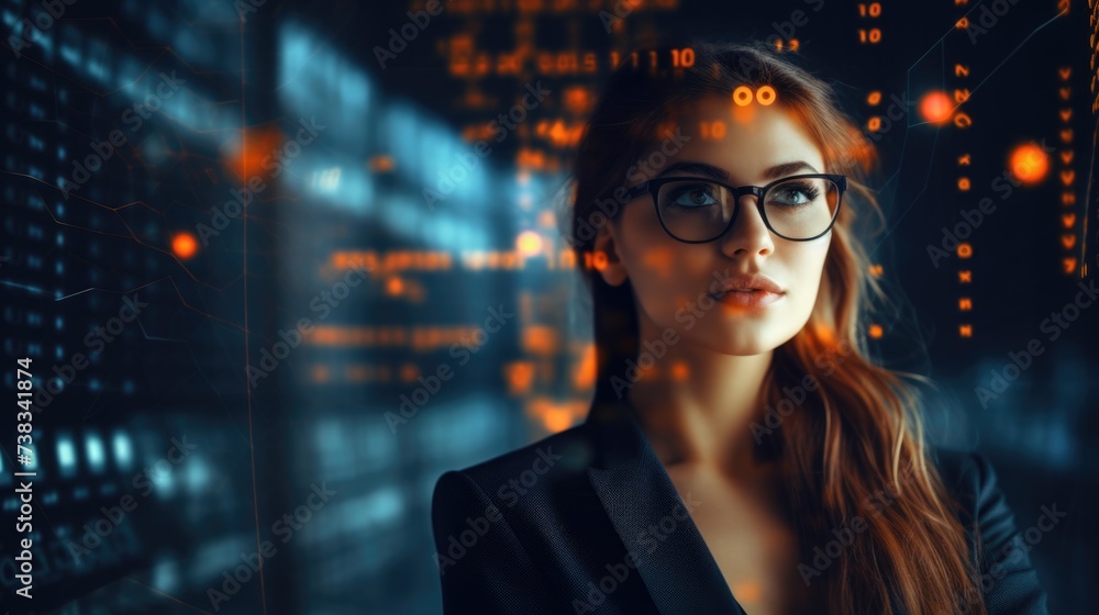 Poster tech analyst study cyber data chart from corporate system for statistical analytic defining marketin