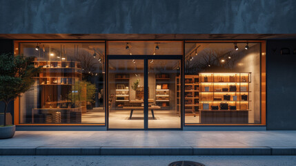 A contemporary storefront with large windows, displays, and a polished entrance - obrazy, fototapety, plakaty