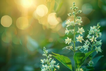 Nature's delicate beauty captured in a close-up of a seed plant basking in the warm sun, showcasing its vibrant green leaves and pure white flowers