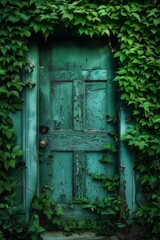 The charming green door, adorned with cascading ivy, beckons one into a welcoming home nestled among lush grass and vibrant plants