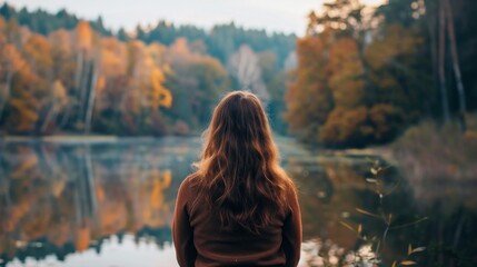 In the tranquil autumn forest, a woman gazes at her own reflection in the still waters of the lake, her hair blowing in the crisp breeze - obrazy, fototapety, plakaty