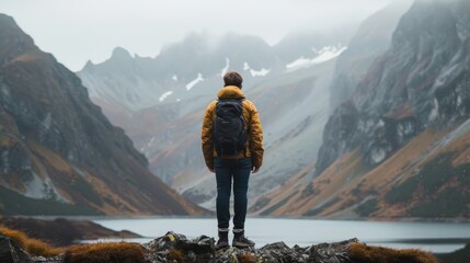 Amidst the fog and snow, a lone hiker stands on rocky terrain, gazing at the majestic mountain range before him, his outdoor clothing blending seamlessly with the rugged landscape - obrazy, fototapety, plakaty