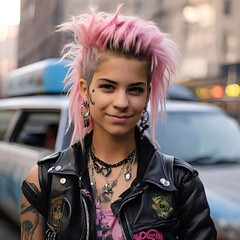 Mujer joven con estética punk pelo rosado chaqueta negra y tatuajes sonriente en una ciudad