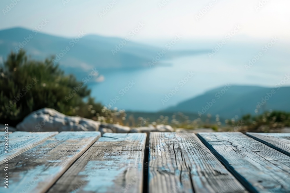 Poster an empty wooden table against a beautiful view and sea generative ai