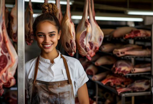 femme boucher posant en tenue de travail avec une blouse blanche et un tablier en cuir devant la chambre froide avec les carcasses de viande.