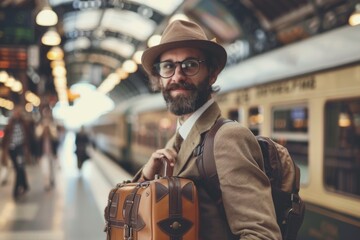 A stylish man, with a hat and glasses, confidently carries his luggage as he navigates the bustling streets towards his next adventure - obrazy, fototapety, plakaty