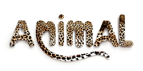 Text animal made  from 3 d letters shaped fur leopard texture on white background. Leopard print pattern. Zoo, wildlife, Africa background.