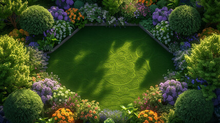 An overhead shot of a well-maintained garden with manicured lawns and colorful flower beds