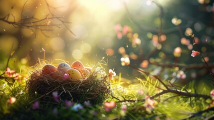 The vibrant autumn colors surround a peaceful nest, nestled in a tree with delicate eggs waiting to hatch amidst the lush green grass and blooming flowers of nature - obrazy, fototapety, plakaty