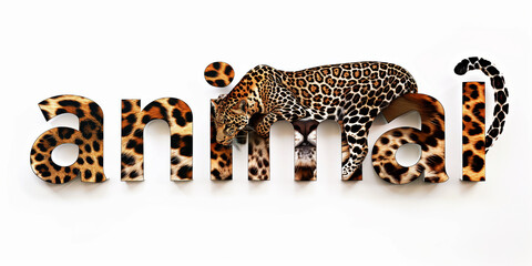 Text animal made  from 3 d letters shaped fur leopard texture on white background. Leopard print pattern. Zoo, wildlife, Africa background.