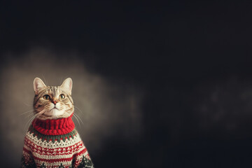 anthropomorphisme d'un chat habillé avec un pull d'hiver en laine à col roulé de face, regardant la caméra sur un fond foncé avec un espace négatif pour texte copyspace