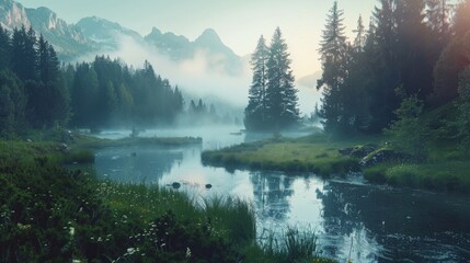 Immerse yourself in the tranquil beauty of a misty morning, where a river flows through a lush forest surrounded by majestic mountains and mirrored reflections on a serene lake - obrazy, fototapety, plakaty