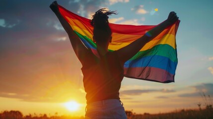 A woman stands proudly under the morning sky, holding a rainbow flag as the sun rises, symbolizing hope, love, and the power of unity in the face of a new day