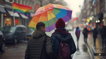 Amidst the bustling city, a man and woman find solace in each other's company, their bright rainbow umbrella shielding them from the rain as they stroll down the sidewalk, their stylish jackets and a