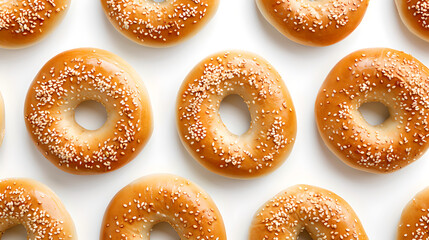 top down view of bagels with sesame topping on white background