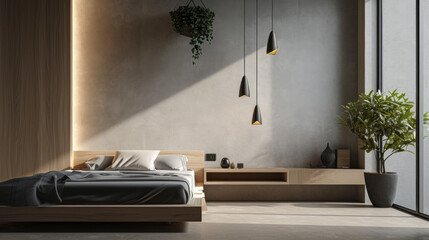 A minimalist bedroom with a floating bedside table, pendant lights, and geometric wall art
