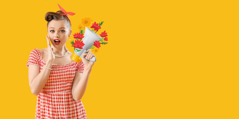 Surprised young pin-up woman with megaphone and drawn flowers on yellow background