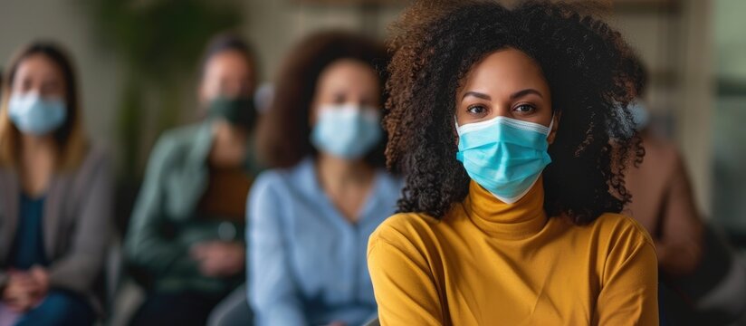 During A Therapy Session Amidst The Pandemic, A Female Counselor Advises A Diverse Group Of Individuals Wearing Face Masks About Addiction.