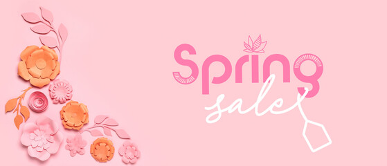 Banner with text SPRING SALE, paper flowers and leaves on pink background