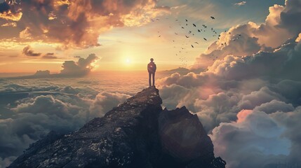 A solitary figure stands on the edge of a cliff, gazing at the fiery sun as it sinks below the rugged mountains, while birds soar overhead and the sky is painted with a canvas of colorful clouds - obrazy, fototapety, plakaty
