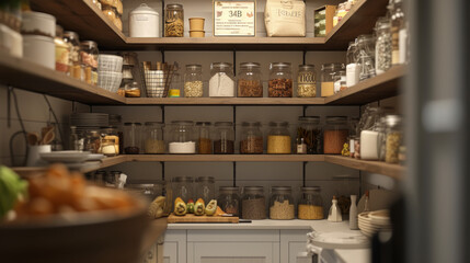 A well-designed and functional kitchen pantry with labeled shelves and storage containers - obrazy, fototapety, plakaty