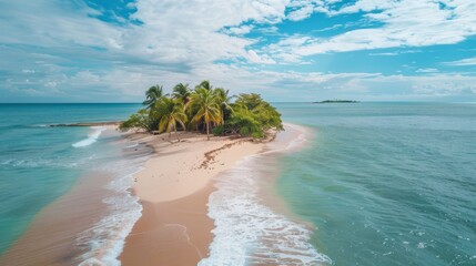 A picturesque caribbean cay surrounded by crystal aqua waters, dotted with palm trees and a lone car on the shore, evoking a sense of serene isolation and tropical paradise