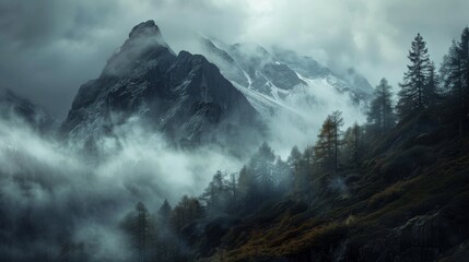 A serene landscape of a misty mountain range enveloped in fog, with towering trees reaching for the cloudy sky, evoking a sense of wilderness and mystery in this highland terrain