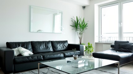 Minimalistic and Stylish Living Room with White Walls and Black Leather Couch AI Generated.