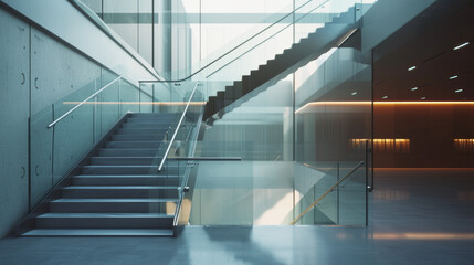 A sleek and modern staircase with glass railings and a minimalist design