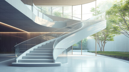 A sleek and modern staircase with glass railings and a minimalist design