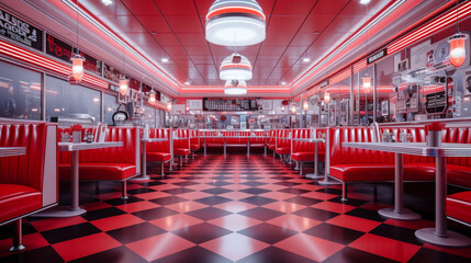 A classic, retro-style diner with red vinyl booths, checkered floors, and chrome finishes