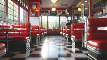 A classic, retro-style diner with red vinyl booths, checkered floors, and chrome finishes - obrazy, fototapety, plakaty