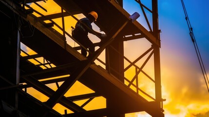 As the day breaks, a construction worker reviews blueprints on a high-rise site, planning the day's work with a backdrop of the rising sun. AIG41