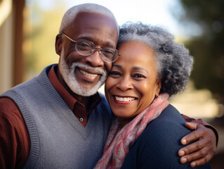 Close-up portrait of a middle-aged happy black couple hugging each other closely and smiling at the camera.