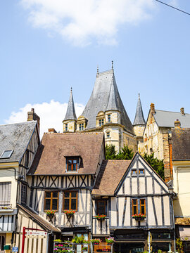 Half-timbered houses in a French medieval town of Normandy