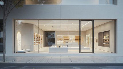 A clean and minimalist storefront with a glass entrance, logo signage, and product displays