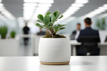 meeting in the office, blurred faces, a flower in a pot in the foreground