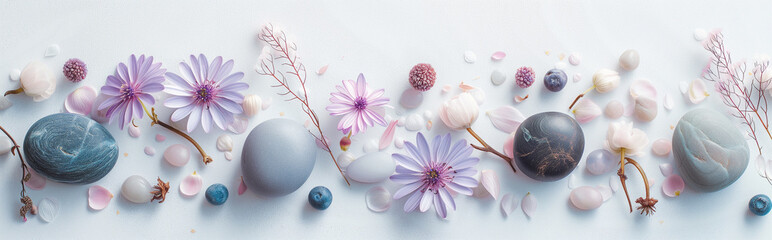Ethereal bookmarks and header of herbalist sites. Panoramic banner with calming soft light, petals and stem. Medicinal herbs, pink blossoms. Zen flowers and pebbles for spa naturopathy; medical care  - obrazy, fototapety, plakaty