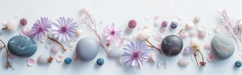 Fototapeten Ethereal bookmarks and header of herbalist sites. Panoramic banner with calming soft light, petals and stem. Medicinal herbs, pink blossoms. Zen flowers and pebbles for spa naturopathy  medical care  © Andrea Marongiu