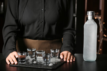 Female bartender with shots of cold vodka and ice cubes on table in bar