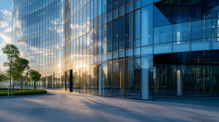 A panoramic view of a modern office building exterior with reflective glass windows