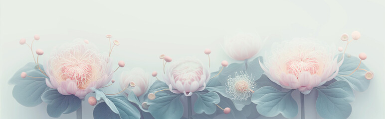 Zen background of flowers in ethereal soft spiritual light. Pastel pink water petals with stems and leaves for spa bookmarks and poetic banners. Natural healing, yoga and meditation concept. - obrazy, fototapety, plakaty