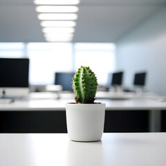 Cactus on white light office background, office workflow, office work, office work