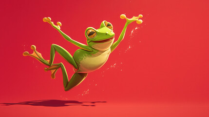 Vibrant green frog jumps on a red background. Concept of 29 February leap year day.