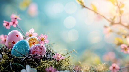 Colorful easter eggs isolated on blue background with copy space