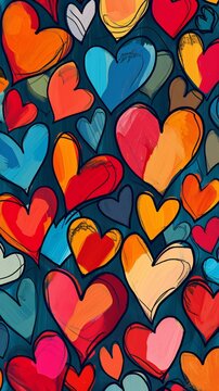 Multicolored watercolor hearts. Different size rainbow hearts pattern