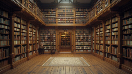 An organized library with floor-to-ceiling bookshelves, displaying a collection of books