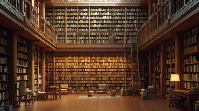 An organized library with floor-to-ceiling bookshelves, displaying a collection of books