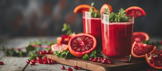 Homemade fruit beverage made with blood oranges, greens, and pomegranate served in a glass.