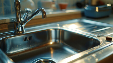 A high-resolution close-up of a gleaming, stainless steel kitchen sink with a modern faucet and soap dispenser